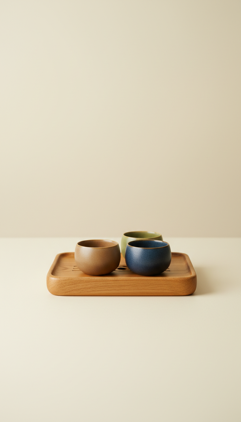 Artisanal wooden tea tray with trio of cups
